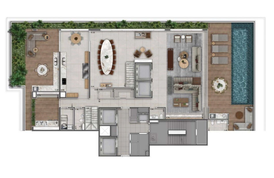 Planta do pavimento inferior da casa suspensa (penthouse) de 654m².